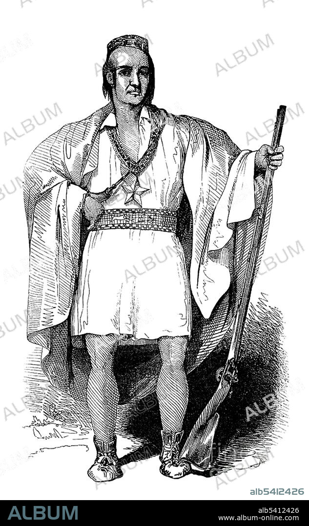 King Philip's War was an armed conflict in 1675-78 between Indian inhabitants of New England and colonists and their Indian allies. Metacomet AKA King Philip (1638 - August 12, 1676) was a Wampanoag Indian chief who wanted to push out the colonists because of conflicts over land use, diminished game, and other tensions. Hunted by a group of rangers led by Captain Benjamin Church, Metacomet was fatally shot by John Alderman, a Wampanoag Indian, on August 12, 1676, in the Misery Swamp, Rhode Island. After his death, his wife and 9 year-old son were captured and sold as slaves in Bermuda. His was mounted on a pike at the entrance to Plymouth, where it remained for more than two decades. His body was cut into quarters and hung in trees. Alderman was given Philip's right hand as a trophy. No artist credited, undated, cropped and cleaned.
