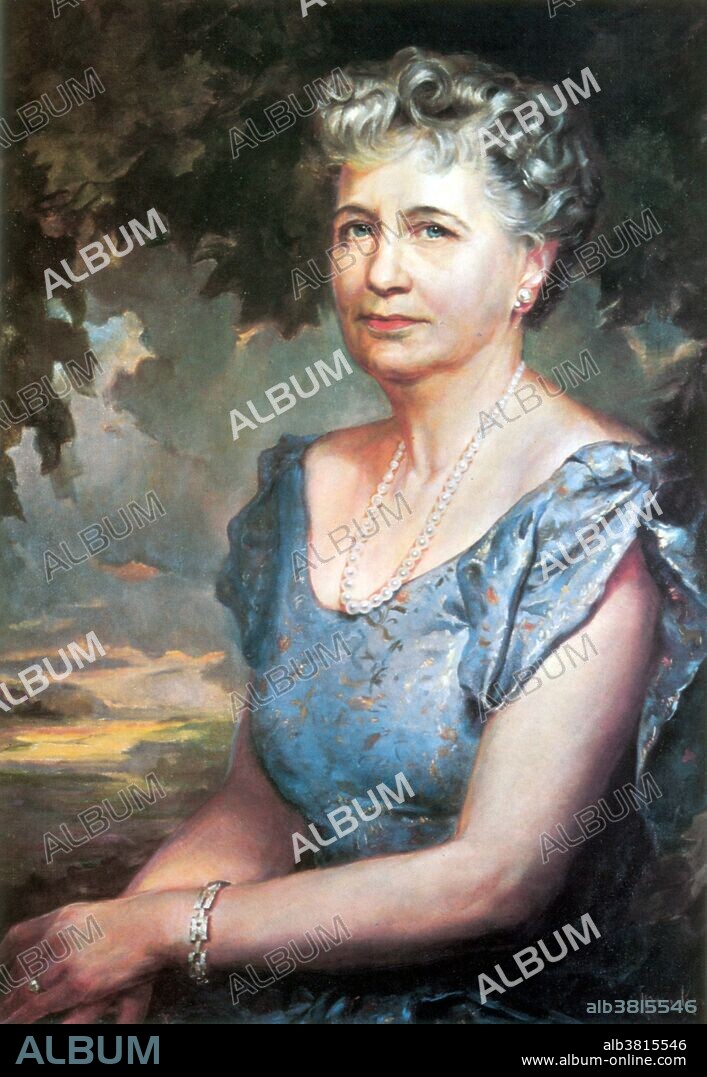 Elizabeth Virginia Wallace Truman (February 13, 1885 - October 18, 1982), was the wife of Harry S. Truman and First Lady of the United States from 1945 to 1953. Harry Truman met Bess soon after his family moved to Independence, and the two attended school together until graduation. They married in 1919. Bess found the White House's lack of privacy distasteful. Though she fulfilled the social obligations of her position, she did only what she thought was necessary. In most years of her husband's presidency she was not regularly present in Washington other than during the social season when her presence was expected. The contrast with Bess's activist predecessor Eleanor Roosevelt was considerable. In 1953 the Truman's went back to Missouri where the former president worked on building his library and writing his memoirs. She died in 1982, from congestive heart failure at the age of 97. Bess Truman remains the longest-lived First Lady in United States history. Painting by M. Greta Kempton.