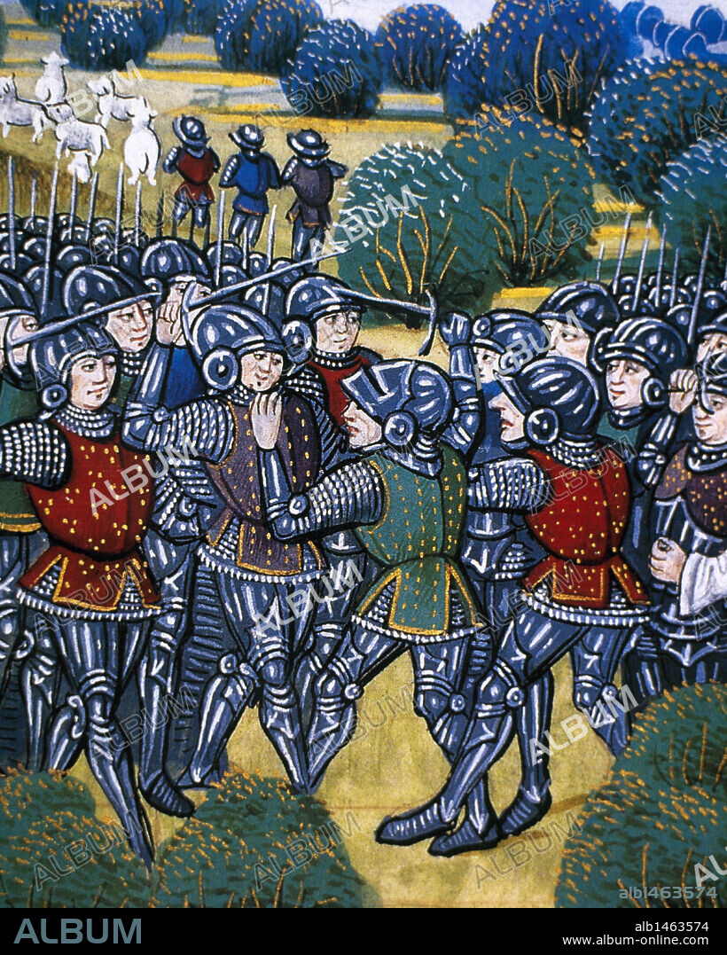 Hundred Years' War.  Conflicts waged from 1337 to 1453, pitted the Kingdom of England against the Valois Capetians for control of the French throne. Battle. Miniature. 15th century. Chateau of Chantilly. France.