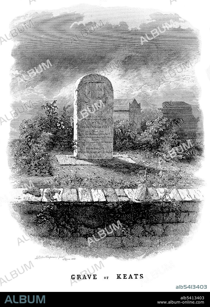 The grave of John Keats in the Protestant cemetery of Rome, Italy. John Keats (October 31, 1795 - February 23, 1821) was an English Romantic poet. He was one of the main figures of the second generation of Romantic poets, along with Lord Byron and Percy Bysshe Shelley, despite his works having been in publication for only four years before his death from tuberculosis at the age of 25. Although his poems were not generally well received by critics during his lifetime, his reputation grew after his death, and by the end of the 19th century, he had become one of the most beloved of all English poets. The poetry of Keats is characterized by sensual imagery, most notably in the series of odes. This is typical of romantic poets, as they aimed to accentuate extreme emotion through an emphasis on natural imagery. Today his poems and letters are some of the most popular and most analyzed in English literature. The grave of John Keats in the Protestant cemetery of Rome, Italy. Etching by John Lintond Chapman, 1863.