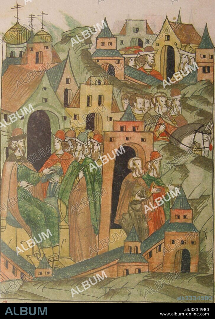 ANONYMOUS. Ivan III sends Fyodor Kuritsyn as an ambassador to Hungary (From the Illuminated Compiled Chronicle).