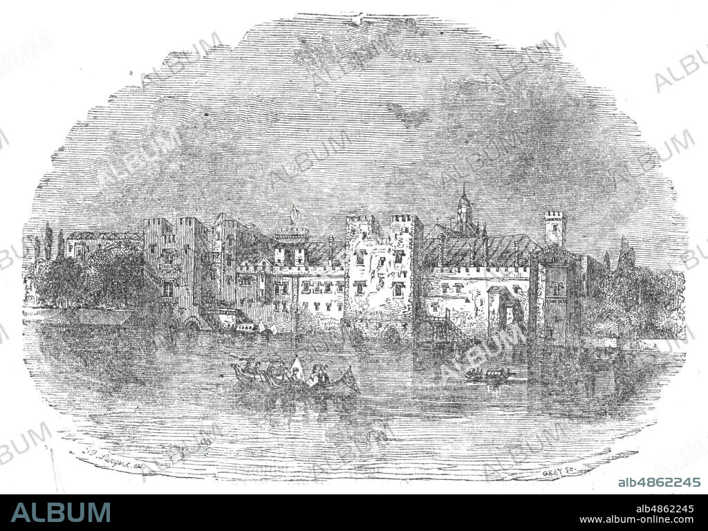 Ancient Palace of the Savoy, 1844. View of Savoy Palace on the River Thames in London. 'The founder of the Savoy was Peter de Savoy. This Peter, coming over to England on a visit to his niece, was created Earl of Savoy and Richmond...The date of 1245 is ascribed to the original erection'. The palace was the residence of John of Gaunt until it was destroyed during rioting in the Peasants' Revolt of 1381. From a supplement to the  From "Illustrated London News", 1844, Vol I.