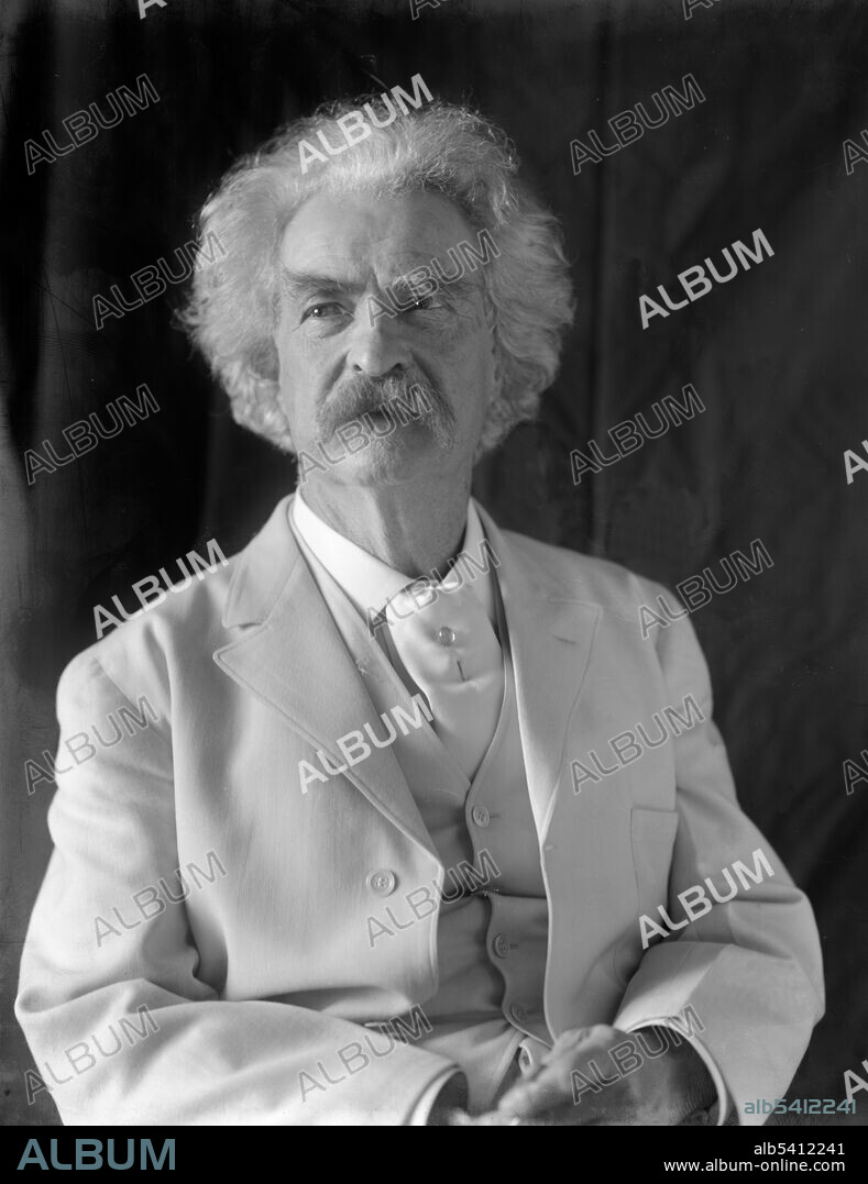 Editorial use only . Samuel Langhorne Clemens (November 30, 1835, April 21, 1910) better known by his pen name Mark Twain, was an American author and humourist. He is most noted for his novels, The Adventures of Tom Sawyer (1876), and its sequel, Adventures of Huckleberry Finn (1885) often called the Great American Novel. He achieved great success as a writer and public speaker. His wit and satire earned praise from critics and peers, and he was a friend to presidents, artists, industrialists, and European royalty. Twain was born during a visit by Halley's Comet, and he predicted that he would go out with it as well. He died the day following the comet's subsequent return. He was lauded as the greatest American humourist of his age, and William Faulkner called Twain the father of American literature. Photographed by Frances Benjamin Johnston, 1906.