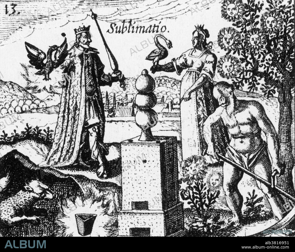 An illustration entitled "sublimatio" from an alchemical treatise from 1622. In alchemy, sublimation is the process whereby a substance is heated to a vapor and then collects as sediment on the neck of the heating vessel. It is one of the twelve core alchemical processes. Alchemy was the pseudo-scientific predecessor of chemistry. Among other pursuits, alchemists searched for formulas that would turn base metals into gold. They sought wisdom and the secret to immortality.