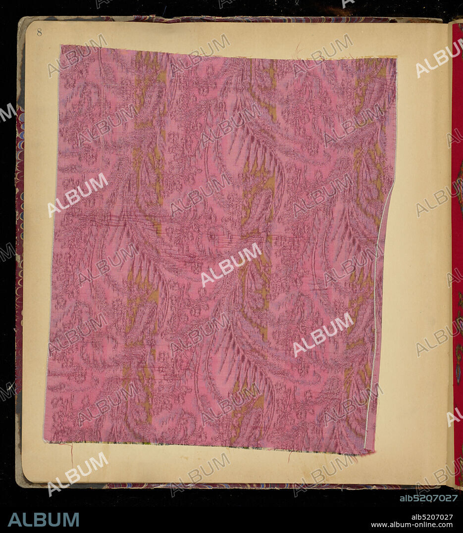 Scrapbook, Medium: silk, metallic, wool Technique: various weave structures., Scrapbook, assembled in New York, containing 1,545 swatches of textiles and ribbons. Some examples were purchased in shops in New York and Paris, others appear to come direct from the manufacturer. Several colorways. Swatches are either pasted or pinned into book and include woven, printed and warp printed, and machine embroidered samples., Some swatches have labels attached: 'Magasins du Louvre' on p.13 and 41; 'Arnold Constable' label on pp 49, 111, 133, 136 and 147; 'B. Altman & Co.' p.91; 'Au Printemps' p.93; 'Au Bon Marche' p.147; 'Jarroson & Laval' p.147; a dyeing card from A.B. Chambeyron & fils, St. Etienne, May 14, 1900, some style #s and weaves., France, USA, 190015, sample books, Scrapbook.