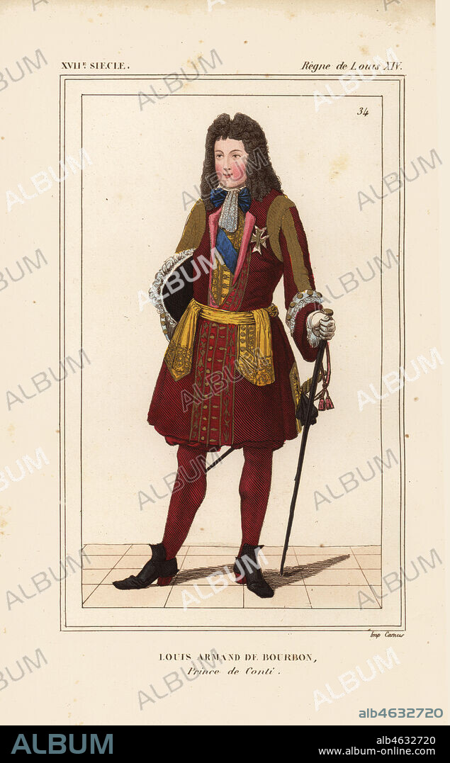 Louis Armand de Bourbon, Prince de Conti 1661-1685. Handcoloured lithograph after a portrait in Roger de Gaignieres' gallery portfolio X 65 from Le Bibliophile Jacob aka Paul Lacroix's Costumes Historiques de la France (Historical Costumes of France), Administration de Librairie, Paris, 1852.