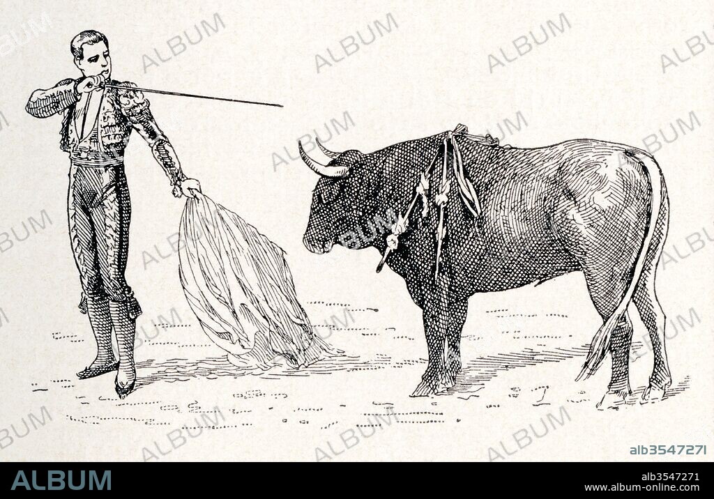A Spanish matador preparing to kill the bull in the final stage of the bullfight. From Enciclopedia Ilustrada Segui, published c. 1900.