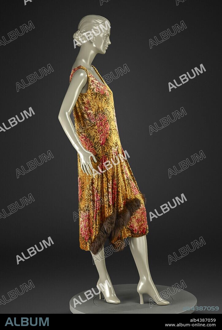 evening dress, Unknown, early 1920s, silk velvet, silk chiffon, fur, A) dress: center back 41 in., center front 37 in., bust 33 in., waist 36 in., hips 39 in., shoulders 13 in. B) ribbon: 33 x 1 in., American, Textile and Fashion Arts.