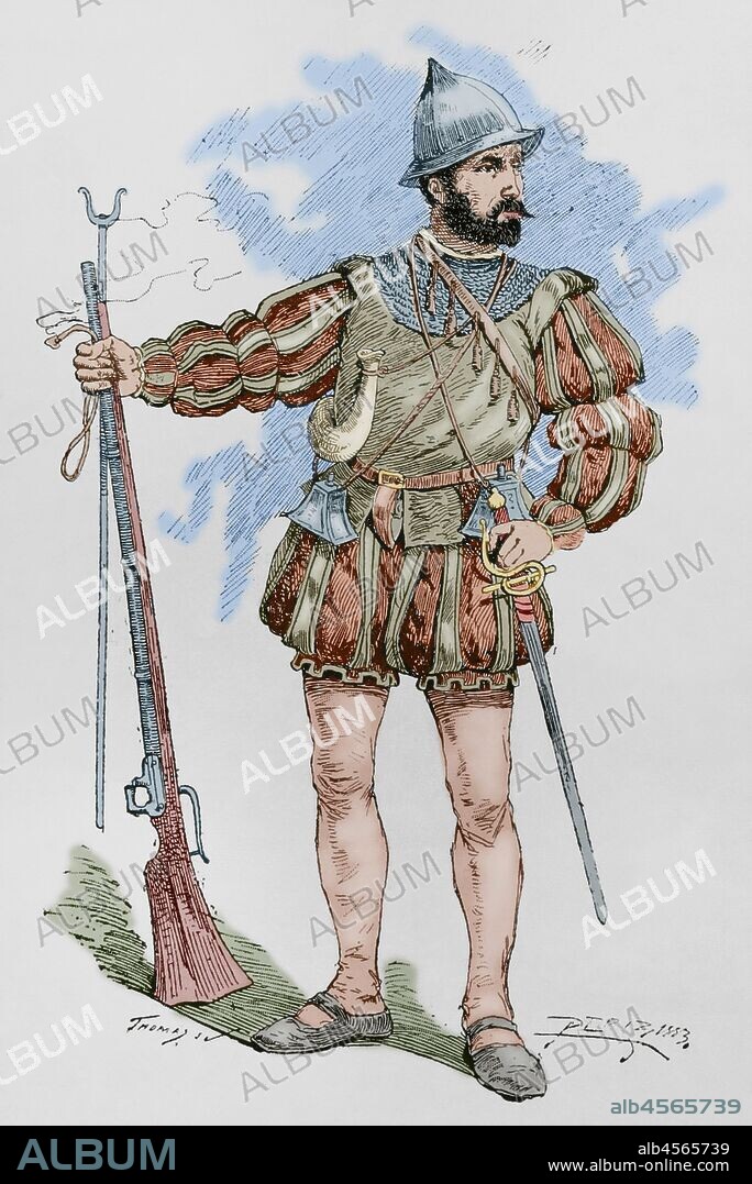 Arcabucero. Grabado. "Museo Militar del Ejército Español", Tomo I. Evaristo Ullastres Editor. Barcelona, 1883. Coloreado.