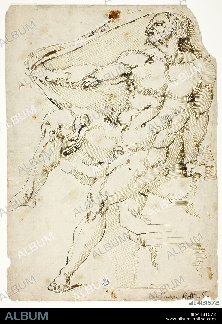 Academic Male Nude Representing Hercules with Nessus's Robe (recto and verso). After Baccio Bandinelli; Italian, 1493-1560. Date: 1498-1560. Dimensions: 398 x 284 mm. Pen and brown ink over traces of black chalk (recto and verso), on ivory laid paper. Origin: Italy.