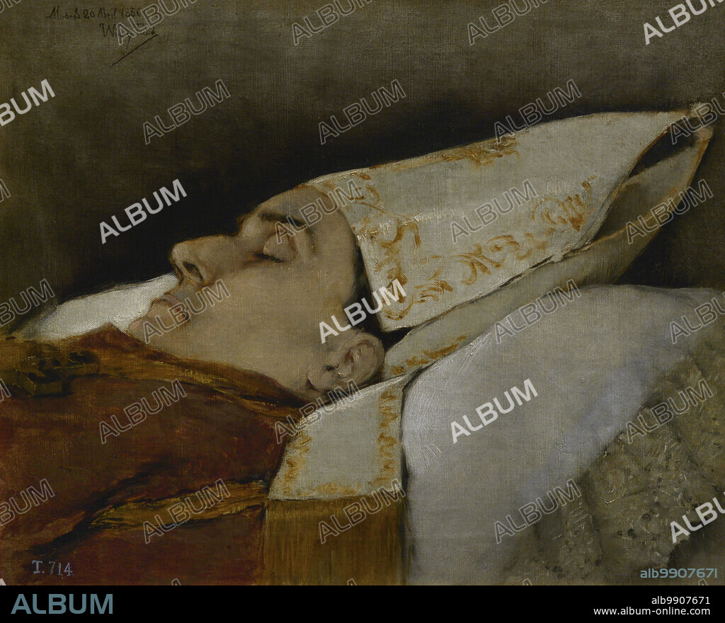 JOSé NIN Y TUDó (1840-1908). SPANISH PAINTER.. Narciso Martínez Izquierdo (1831-1886). Obispo español. Primer Obispo de la diócesis de Madrid-Alcalá. Fue asesinado por el cura Cayetano Galeote Cotilla (1839-1922), el Domingo de Ramos de 1886 (19 de abril) en la Colegiata de San Isidro de Madrid, en protesta por la reforma clerical que había llevado a cabo el obispo. Retrato mortuorio del obispo Narciso Martínez Izquierdo, 1886, por José Nin y Tudó (1840-1908). Oleo sobre lienzo, 49 x 58,2 cm. Museo del Prado. Madrid. España.