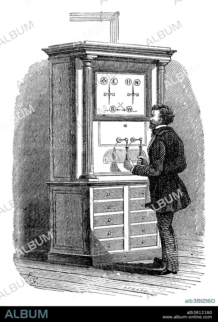 The Cooke and Wheatstone telegraph was an early electrical telegraph system invented by English inventors William Fothergill Cooke and Charles Wheatstone. The receiver consisted of a number of needles which could be moved by electromagnetic coils to point to letters on a board. This feature was liked by early users who were unwilling to learn codes, and employers who did not want to invest in staff training. The two-needle telegraph required three wires, one for each needle and a common return. The coding was somewhat different from the five-needle telegraph and needed to be learned, rather than read from a display. The needles could move to the left or right either one, two, or three times in quick succession, or a single time in both directions in quick succession. Either needle, or both together, could be moved. This gave a total of 24 codes, one of which was taken up by the stop code. Three letters were omitted: J, Q and Z, which were substituted.