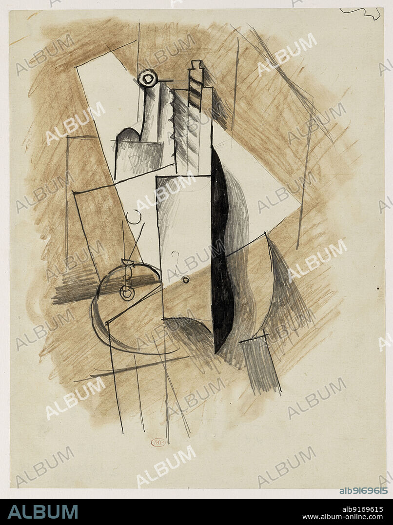 PABLO PICASSO. Guitare, bouteille et verre sur une table ronde (projet pour une construction).