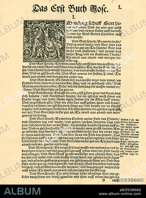 ANONYM. Luther, Martin Reformator. 1483-1546. Bibelübersetzung: "Das Allte Testament deutsch. M. Luther.". Wittenberg (Melchior Lotter), 1523. (Erste Seite des Alten Testaments).