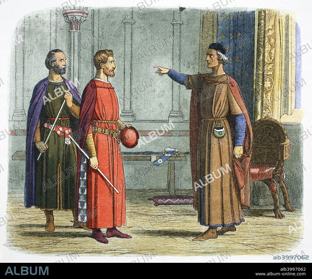 King Edward I threatens the Lord Marshal, 1297 (1864). Humphrey de Bohun (1276-1322), Earl of Hereford, Lord High Constable, and Roger Bigod (1245-1306), Earl of Norfolk, Lord Marshal of England, confront Edward I (1239-1305). They had drawn up a series of complaints known as the Remonstrances, objecting to Edward's right to demand military service and the levels of taxation he was imposing. The confrontation threatened to plunge the kingdom into civil war, but both sides reunited against the threat from Scotland after the king's army was defeated by William Wallace at the Battle of Stirling Bridge.