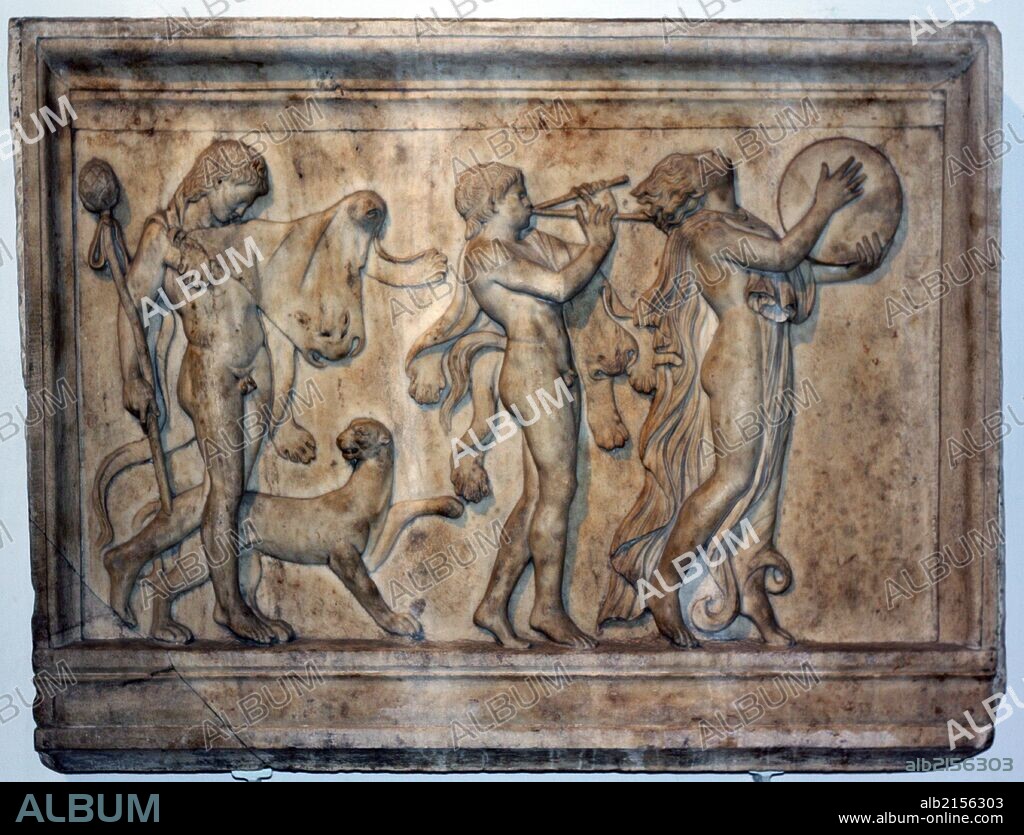 A maenad and two satyrs in a Dionysiac procession Roman. (Photo by: Universal History Archive/UIG via Getty Images).