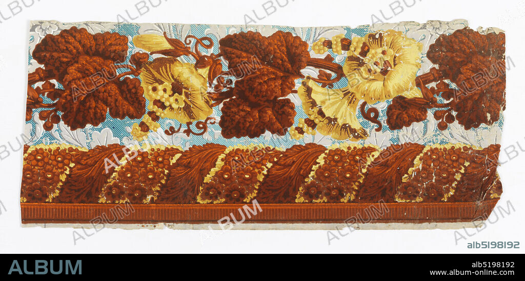 Border, Block-printed and flocked on handmade ppaer, Top band of floral and foliatte, central band of rope twist with acanthus and floral motifs, bottom band of dentil. Printed in orange flock with overprinting, 2 shades of yellow and brown on grisaille foliate and blue-striped ground paper. Zuber ?, France, ca. 1820, Wallcoverings, Border.