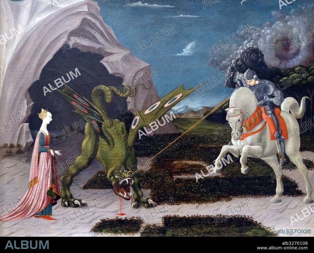 Painting titled 'Saint George and the Dragon' by Paolo Uccello (1397-1475) an Italian painter and a mathematician. Dated 15th Century.