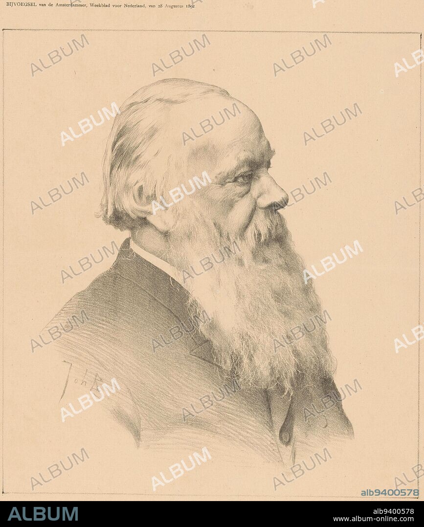 Portrait of Cornelis Willem Opzoomer, seen in profile, with beard, Prof. Mr. C.W. Opzoomer , print maker: Johan Braakensiek, (mentioned on object), printer: Amsterdamsche Boek- en Steendrukkerij v/h Ellerman Harms & Co., (mentioned on object), Amsterdam, 28-Aug-1892, paper, h 431 mm × w 297 mm.