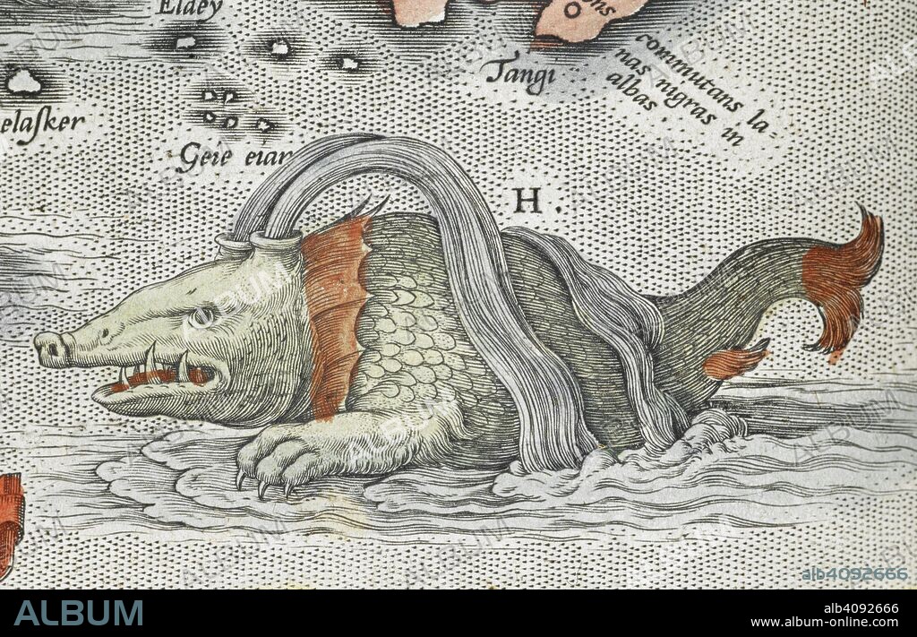 ABRAHAM ORTELIUS. (Detail). A sea monster. [Typus orbis terrarum] (main title of album, containing 90 maps). Antwerp. 1598. Source: Maps C.2.d.7.(2).