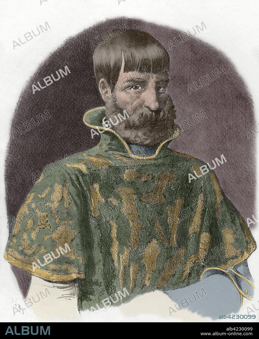 Juan Ponce de Leon (1460-1521). Spanish explorer and conquistador, known for leading the first official European expedition to Florida and serving as the first governor of Puerto Rico. Portrait. Lithography. Later colouration. "Cronica General de España, Historia Ilustrada y Descriptiva de sus Provincias. Andalucia", 1869.