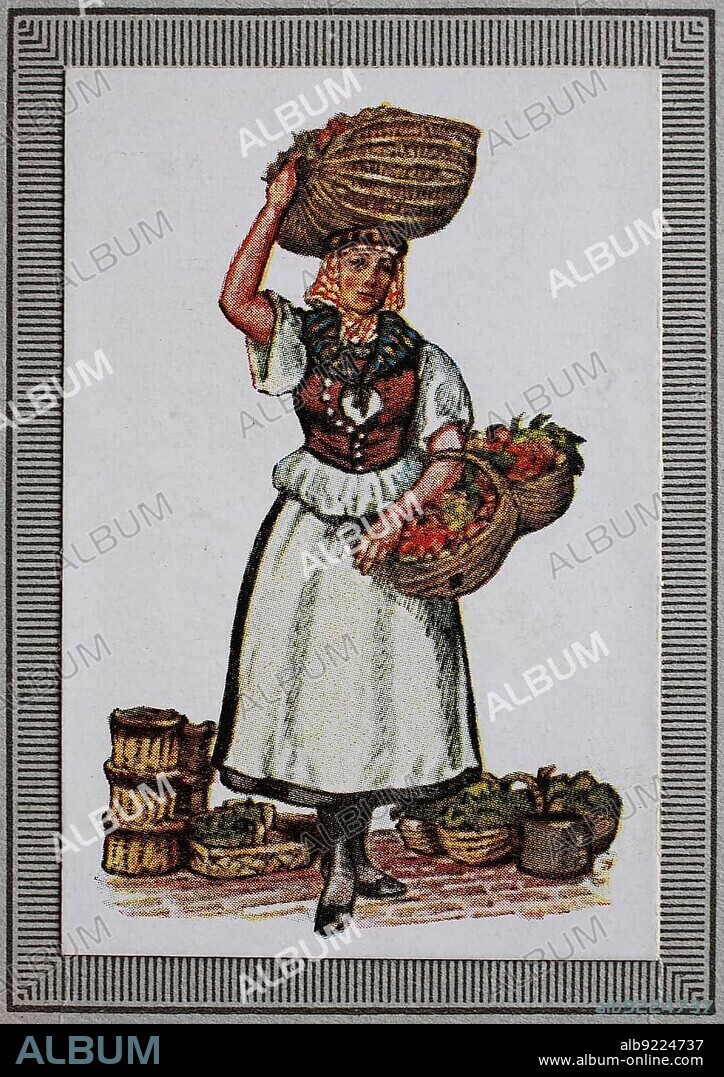 Traditional costumes in Germany in the 19th century, Hanover, farmer's wife from the Lüneburg Heath, historical, digitally restored reproduction from a collector's picture from around 1910.