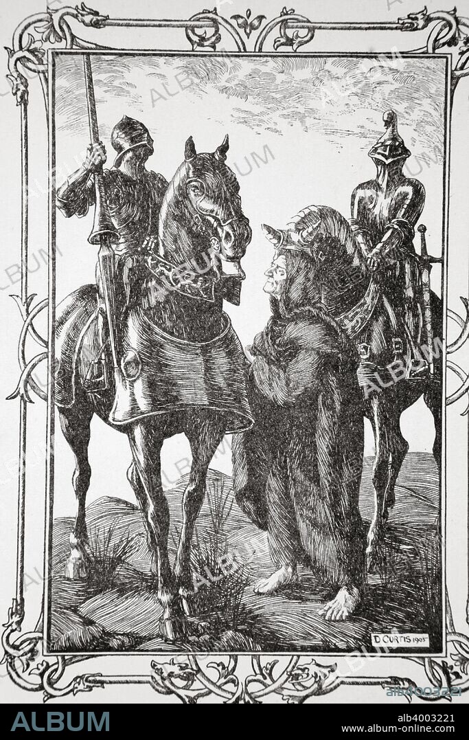'They met with an Old Man', 1905. Sir Balan and Sir Balin meet with Merlin, disguised as an old man. An illustration from Stories of King Arthur and the Round Table by Beatrice Clay, 1st Edition, 1905.