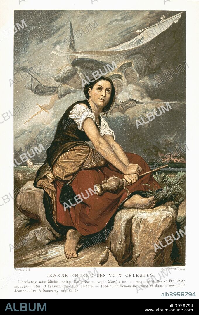 Joan of Arc, the Maid of Orleans, 15th century French patriot and martyr, mid 19th century. French patriot and martyr: Joan minding the flocks and spinning, hearing the voices of the Archangel Michael, St Catherine and St Margaret ordering her to go to the help of France. From a painting in Joan of Arc's house at Domremy, France.