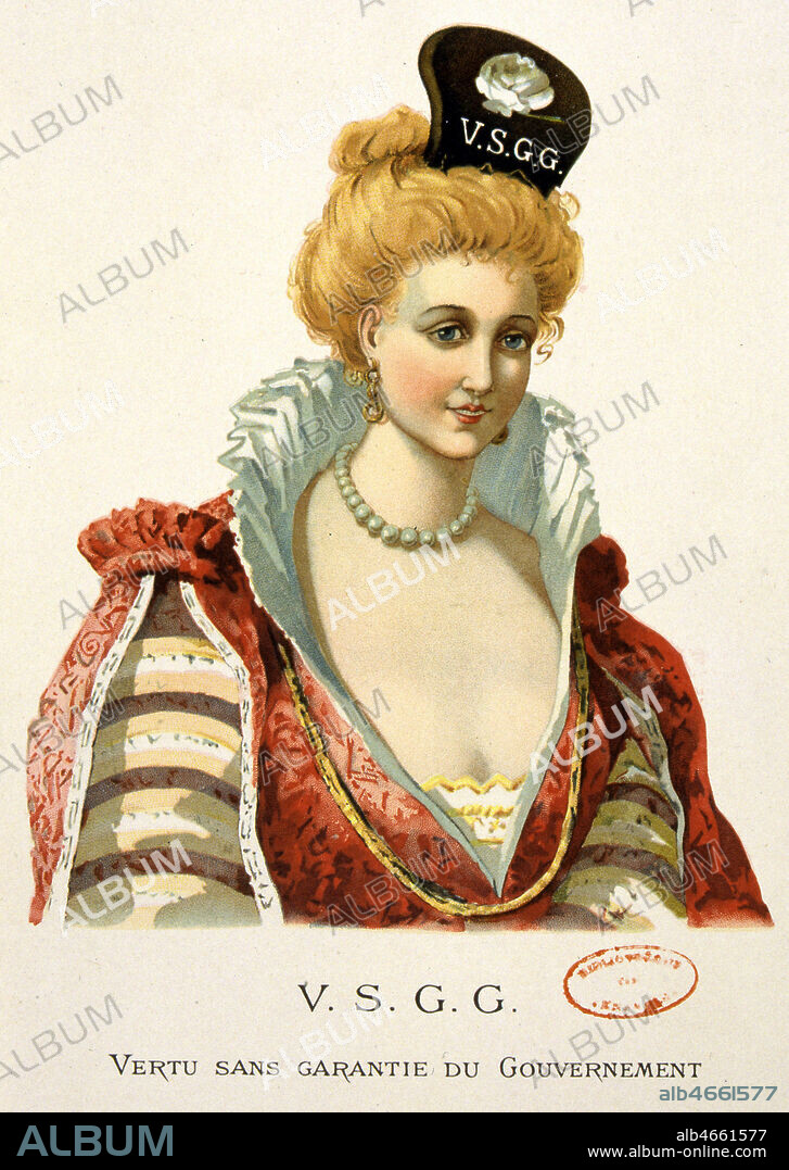 'Vertu sans garantie du gouvernement' : costume officiel propose par Arthur le CREPS pour les protituees, Illustration tiree d'une brochure anti malthusienne par Arthur le CREPS, intitulee 'De la depopulation et de la repopulation de la France', datant de 1895, chromolithographie. Credit : JEAN VIGNE / KHARBINE-TAPABOR.