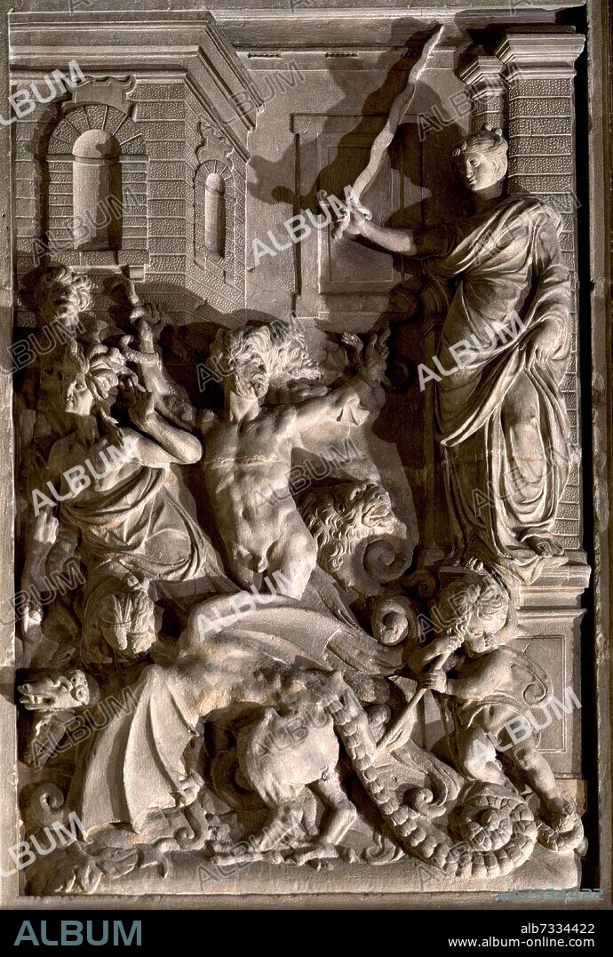 DIEGO DE PESQUERA-(SIGLO XVI). LA JUSTICIA EXPULSA A LOS VICIOS - RELIEVE DE LA ANTESALA CAPITULAR - SIGLO XVI - RENACIMIENTO ESPAÑOL.