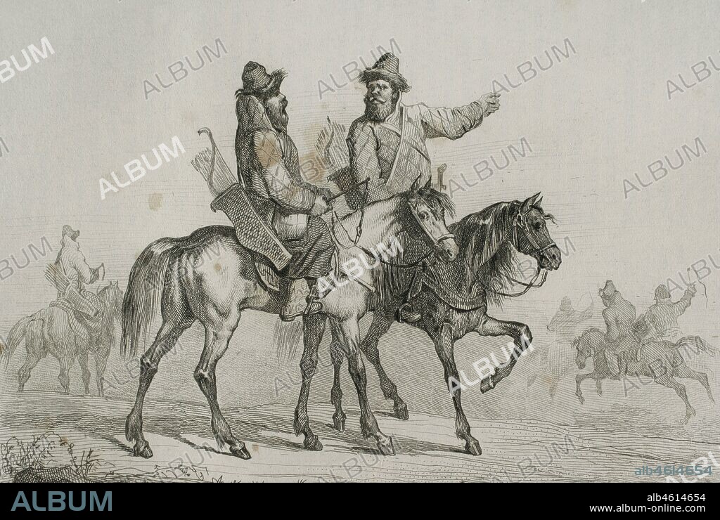 Pueblo tártaro. Europa Oriental y Siberia. Tártaros a caballo. Grabado por Lemaitre, Venier y Masson. Historia de Rusia por Chopin. Panorama Universal, edición española de 1839.