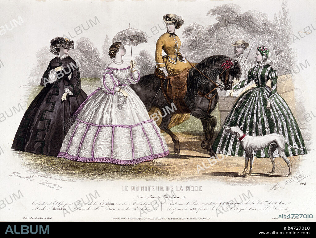 Femmes portant des robes, mode du second empire. Illustration tiree du Moniteur de la Mode en 1860. Credit : Collection JEAN VIGNE / Kharbine-Tapabor.