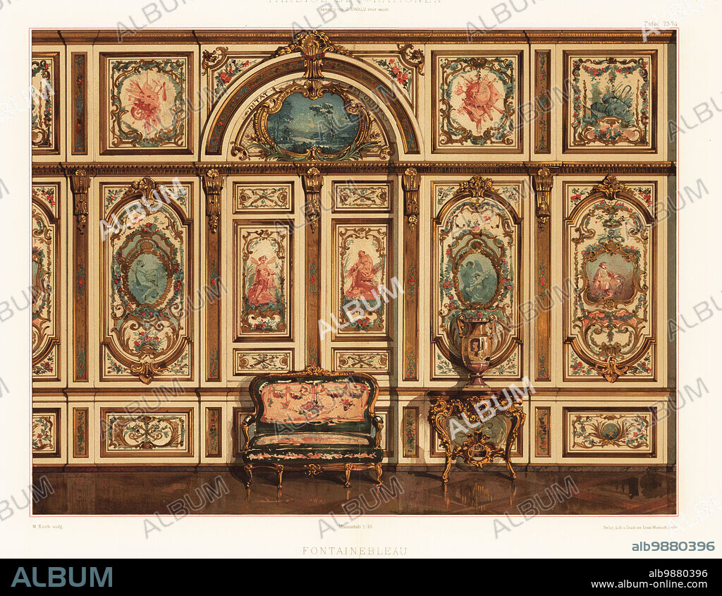 Rococo wall panels painted by Francois Boucher and furniture in the council room, Palace of Fontainebleau, 18th century. Salle de conseil, Chateau de Fontainebleau, XVIII Jahrh. Chromolithograph by M. Koch from Ernst Ewalds Farbige decorationen, alter und never Zeit (Color decoration, ancient and new eras), Ernst Wasmuth, Berlin, 1889.