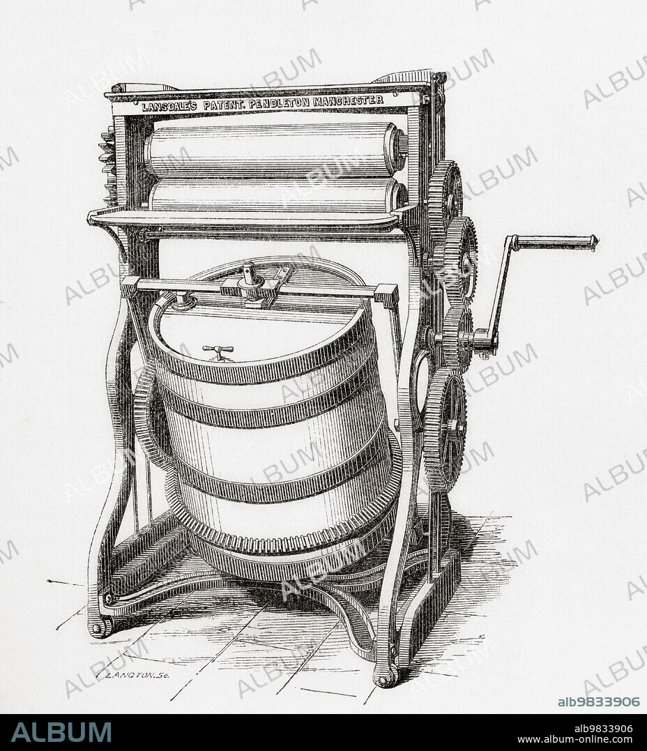 Thomas Bradford's washing machine combined with wringing and mangling apparatus. Specially adapted for use in large hotels and public institutions. From A Concise History of The International Exhibition of 1862, published 1862.