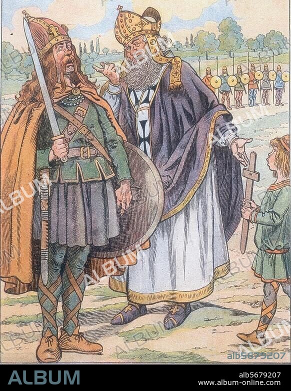 Musique / Chanson enfantine / -"Le bon roi Dagobert avait un grand sabre de fer; le grand saint Eloi lui dit: 'O mon roi! Votre Majesté pourrait se blesser. C'est vrai, lui dit le roi; Qu'on me donne un sabre de bois'" (Illustration pour le Le roi Dagobert). Litho. coul. d'ap. Job (1858-1931). In : Job et Faguet, Le Roi Dagobert. Paris, Collection particulière.