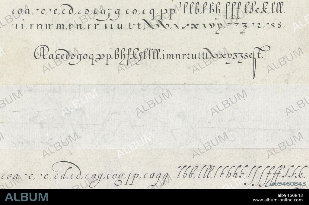 Two representations on an album leaf. These are two calligraphic drawings. Above three lines of lower case letters in Spanish 'Redondilla'. Below three lines of lowercase letters in Spanish 'Bastarda'. The drawings are part of an album, Two drafts of writing samples: the Spanish letter Spieghel der schrijfkonste (series title), Jan van de Velde (I), Rotterdam, 1605, paper, pen, h 56 mm × w 176 mm × h 55 mm × w 192 mm.