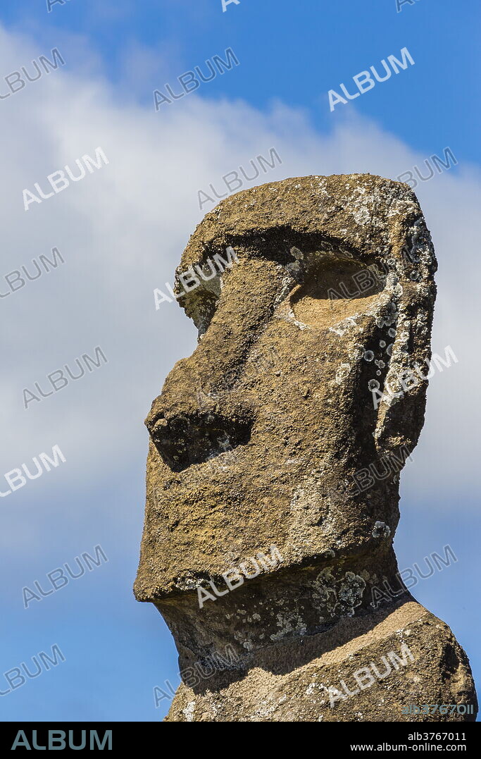 Detail of a moai at Ahu Akivi, the first restored altar on Easter Island (Isla de Pascua) (Rapa Nui), UNESCO World Heritage Site, Chile, South America.