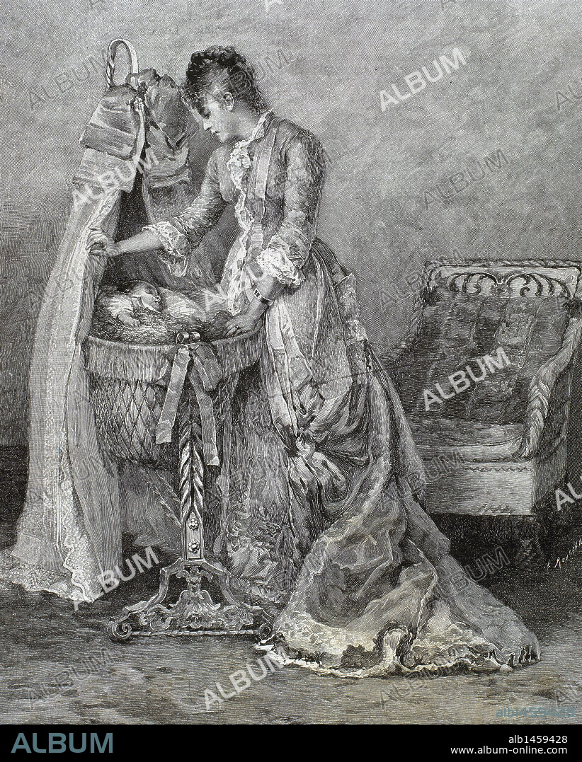 SOCIEDAD S. XIX. BURGUESIA. MADRE JUNTO A LA CUNA DE SU HIJO. Grabado de 1878.