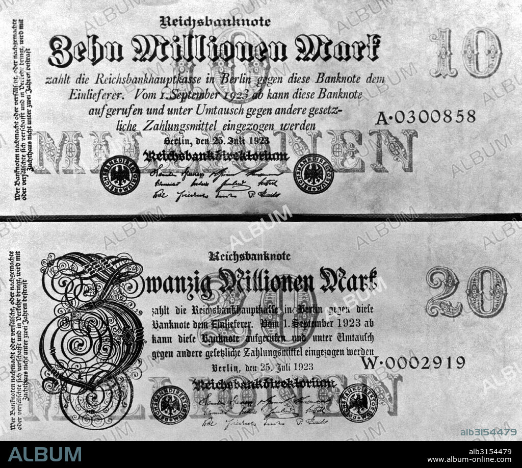 Berlin, Germany: 1923. A German ten and twenty million mark bill in July of 1923. They are the highest denomination ever printed, and Germany expects them to help her evade the present money scarcity. The exchange rate later in December 1923, was between 3.4 to 5.72 billion marks to the dollar. In January of 1923 it was between 7,000 to 48,000 marks to the dollar.