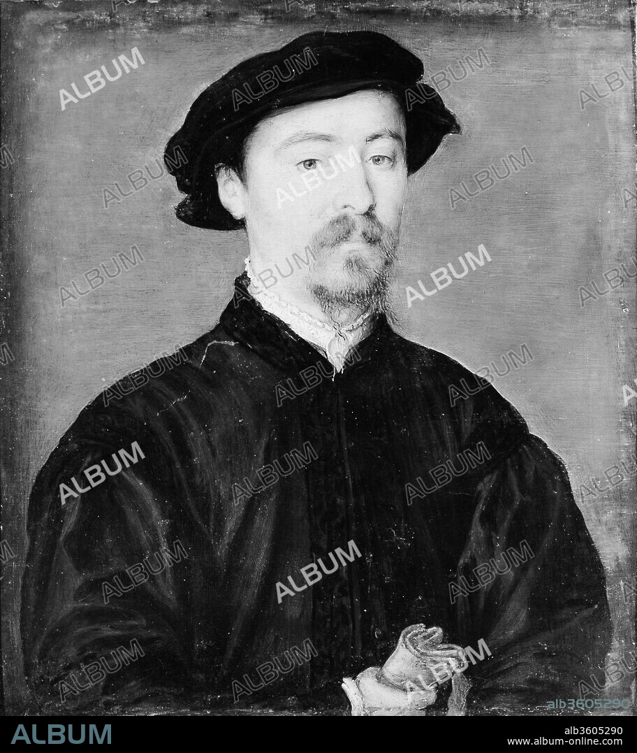 Portrait of a Man with Gloves. Artist: Attributed to Corneille de Lyon (Netherlandish, The Hague, active by 1533-died 1575 Lyons). Dimensions: 6 7/8 x 6 1/2 in. (17.5 x 16.5 cm). Date: 1540-45.
The striking formality of the pose of this sitter holding gloves, and his direct address of the viewer, may indicate his prominent position in society.