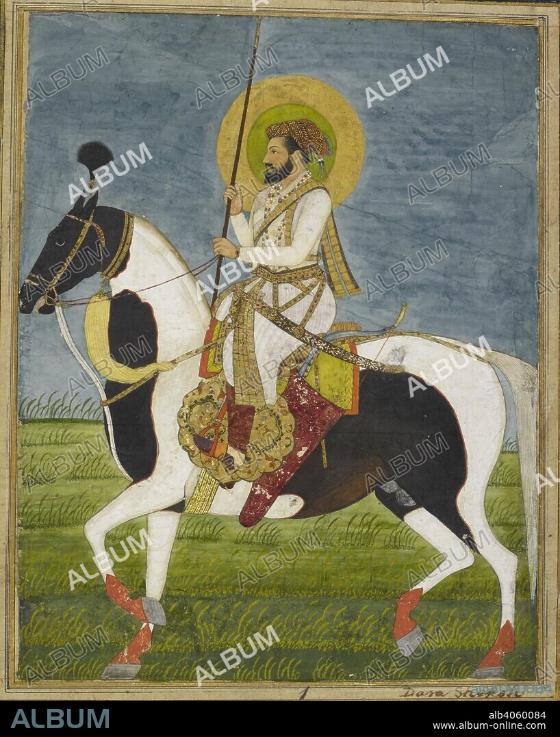 ANON. Shah Jahan is dressed in white, holding a lance with both hands and riding a piebald horse through grassland. Johnson Collection. 1630-1650. Opaque watercolour. Gouache with gold; on an album page with gilt-sprinkled blue border. Source: J.4,1.