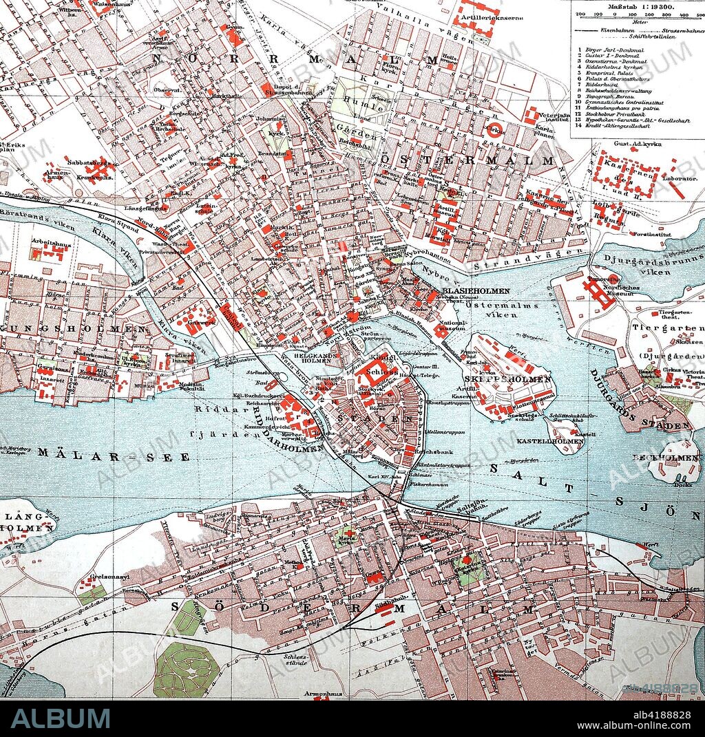 Stadtplan von Stockholm, Schweden, 1895, city map of Stockholm, Sweden, digital improved reproduction of an original print from the year 1895.