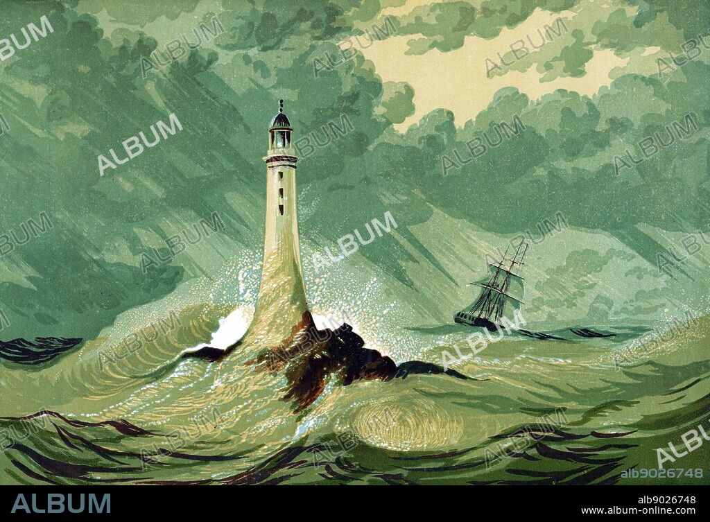 Third Eddystone lighthouse on Eddystone Rocks, 15 miles south of Plymouth in the English Channel, built by the English civil engineer John Smeaton (1724-1792) beginning in 1756. Remained in use until 1877. Oleograph c1850.
