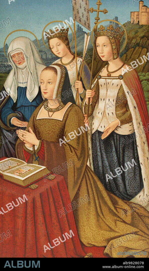 Ana de Bretaña (1477-1514). Duquesa de Bretaña y reina consorte de Francia (1491-1498, 1499-1514). Tras ella, de izquierda a derecha: santa Ana (patrona de la reina y del ducado de Bretaña), santa Ursula y Santa Margarita. Cromolitografía a partir de una miniatura de "Les Grandes Heures d'Anne de Bretagne", finales siglo XV. "Vie Militaire et Religieuse au Moyen Age et à l'Epoque de la Renaissance". París, 1877.