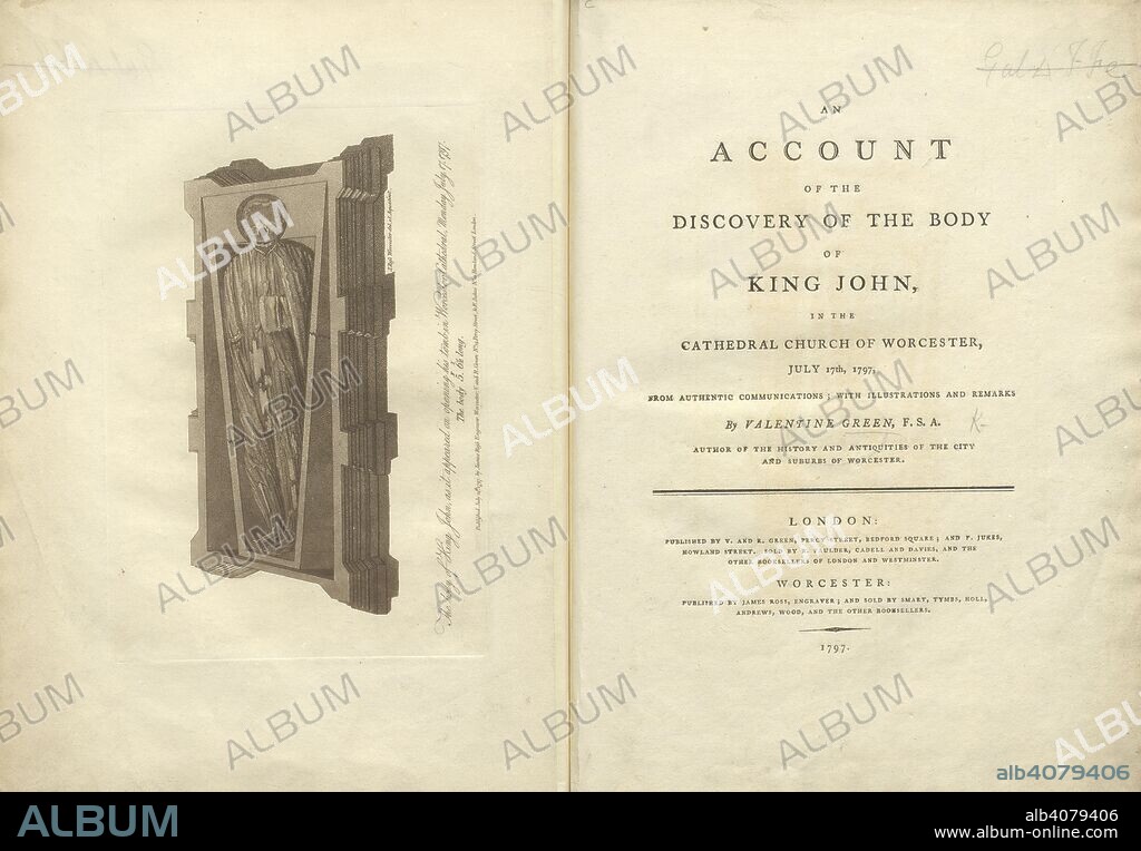 In 1797 the tomb of King John at Worcester Cathedral was opened at the prompting of the engraver Valentine Green (d. 1813). Green had written a history of the city of Worcester, and had come to doubt previous descriptions of the tomb and its contents, among which was a longstanding contention that John had been buried elsewhere within the church. The effigy was removed first, followed by the slab on which it rested; inside the tomb chest, a stone coffin was discovered, containing the royal remains. The Dean and Chapter of Worcester Cathedral were immediately summoned, and inspection made of the Kingâ€™s body. Green describes how thousands thronged to see King John before the tomb was restored the next day and the coffin closed to sight. Opposite the title page of Greenâ€™s account is this engraving, inscribed, â€˜The body of King John, as it appeared on opening his tomb in Worcester Cathedral, Monday July 17 1797â€™. An account of the discovery of the body of King John in the Cathedral Church of Worcester, July 17, 1797, etc. London ; Worcester, 1797. Source: 814.l.23, frontispiece and title page. Language: English.