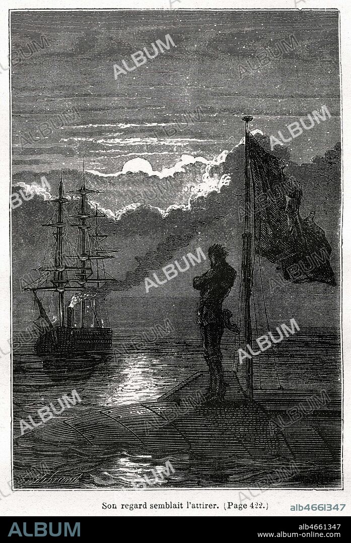 Le capitaine Nemo sur le Nautilus, scrutant un navire anglais. Illustration de 1870 par Alphonse de NEUVILLE (1835-1885) pour Vingt mille lieues sous les mers par Jules VERNE (1828-1905). Credit : Collection KHARBINE-TAPABOR.