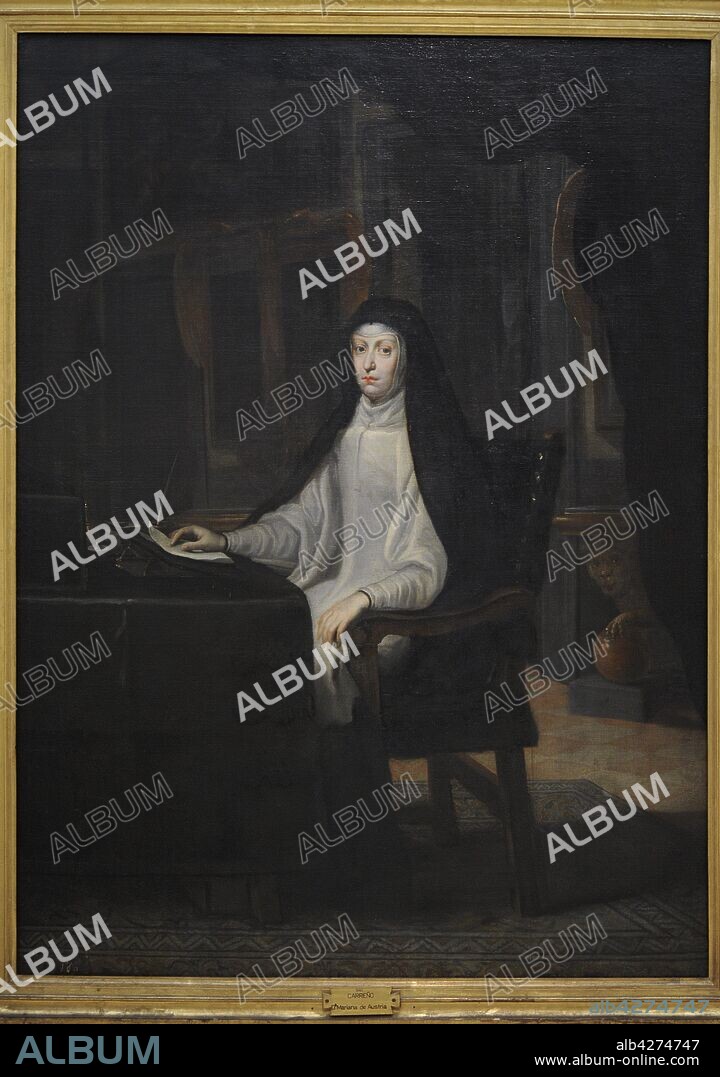 Mariana de Austria (1634-1696). Reina de España, esposa de Felipe IV. Doña Mariana de Austria. Retrato por Juan Carreño de Miranda (1614-1685). Óleo sobre lienzo, 1,98 x 1,48 m. Real Academia de Bellas Artes de San Fernando. Madrid. España.