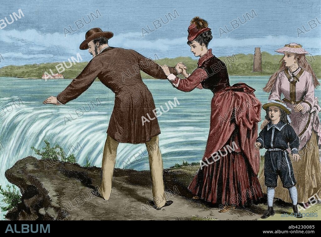 America del Norte. Viajeros visitando las cataratas. Canadá. Grabado. Coloreado. La Ilustración Española y Americana, 8 de junio de 1876.