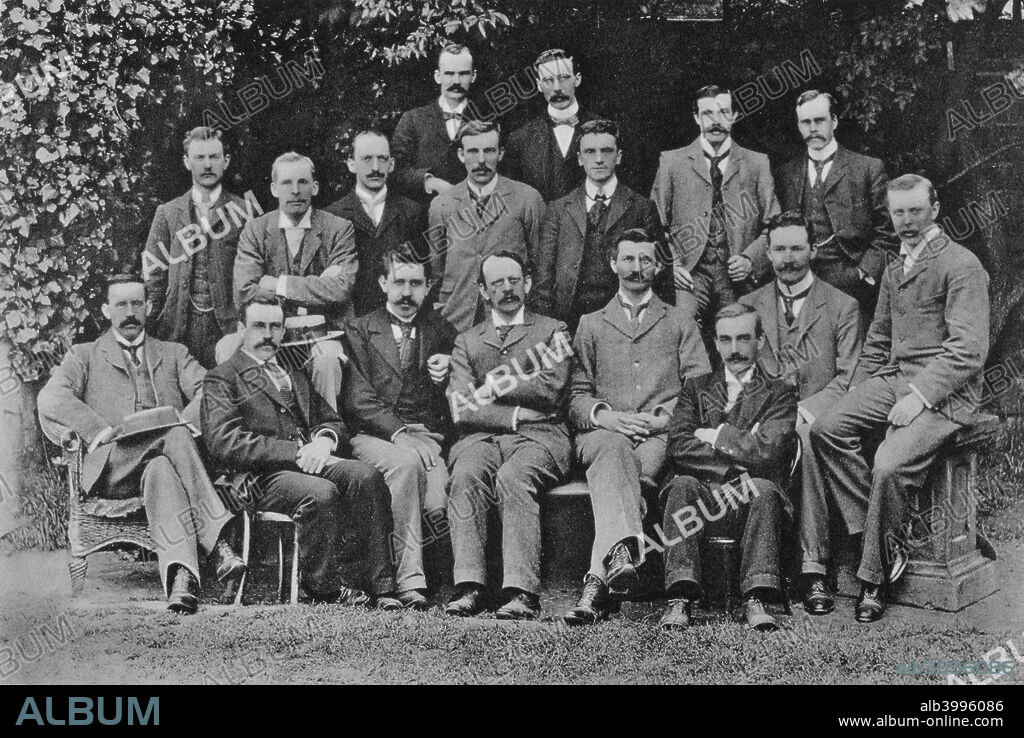 JJ Thomson, British nuclear physicist, 1898. Joseph John Thomson (1856-1940), the discoverer of the electron, with his students at the Cavendish Laboratory, Cambridge. Left to right, back: SW Richardson, J Henry. Middle: EBH Wade, GA Shakespear, CTR Wilson, Ernest Rutherford, W Craig-Henderson, JH Vincent, GB Bryan. Front: J McClelland, C Child, Paul Langevin, JJ Thomson, J Zeleny, RS Willows, HA Wilson, JSE Townsend.