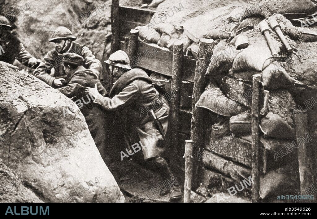 French troops making a daylight raid on German trenches in search of prisoners for information purposes. From The Pageant of the Century, published 1934.